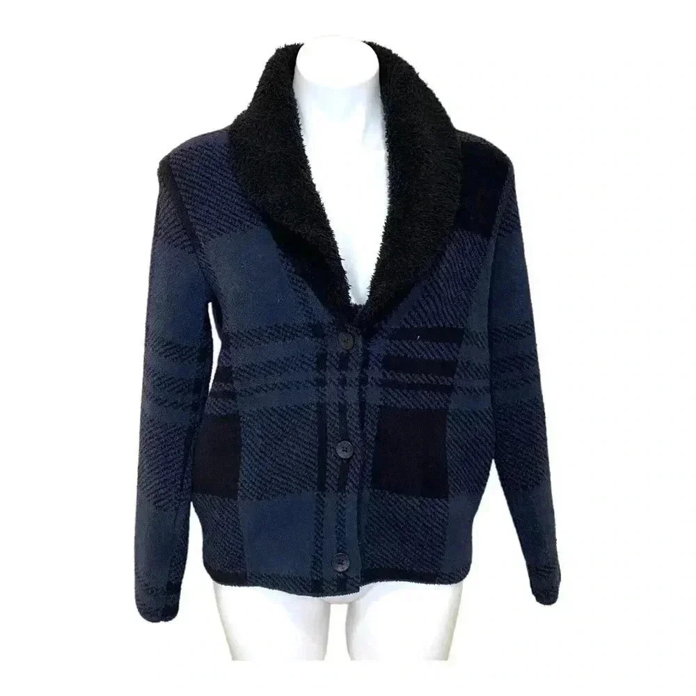 Barefoot Dreams CozyChic Faux-Shearling cardigan in Black Plaid shacket